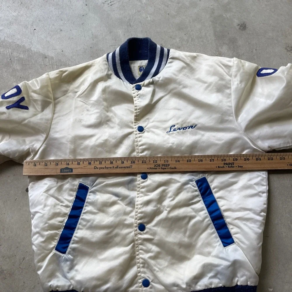 Vintage Hewitt Mfg Palisades Park Track Field Satin Varsity Jacket Cream Blue 86
